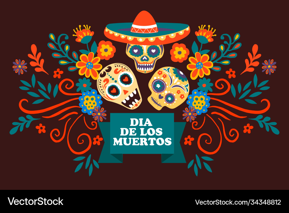 Dia de los Muertos Skulls with Sombreros Vector Image