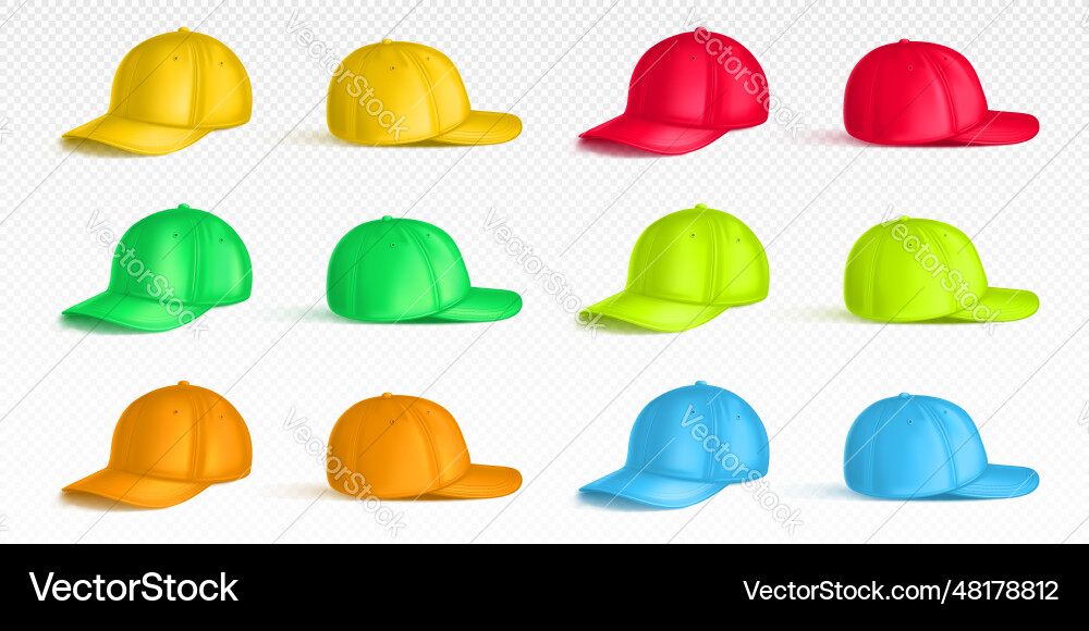 Realistic color caps front and back view Realistic color caps front and back view Vector Image
