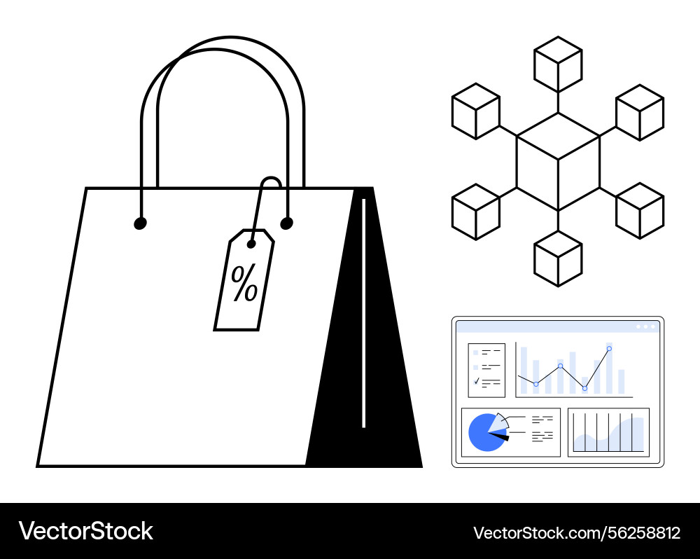 Shopping bag data analysis dashboard and network Shopping bag data analysis dashboard and network vector image
