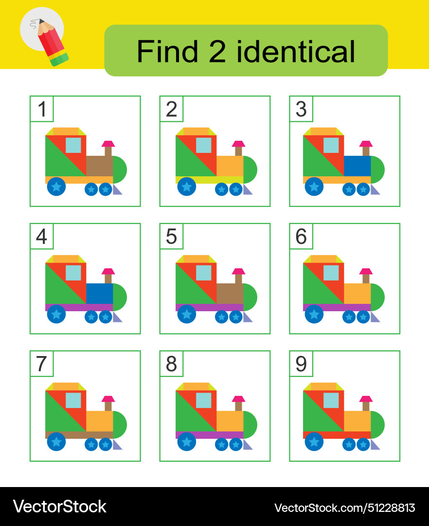 Fun puzzle game find two identical trains Fun puzzle game find two identical trains vector image