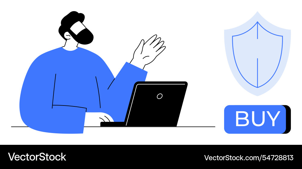 Man gesturing while using laptop with shield Man gesturing while using laptop with shield Vector Image