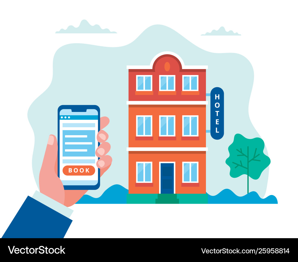 Hotel booking searching and reservation hand Hotel booking searching and reservation hand vector image