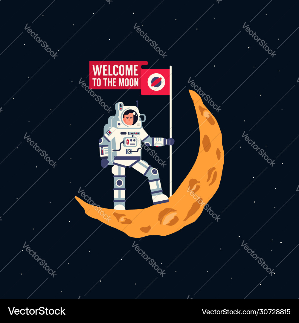 Astronaut in spacesuit is standing on crescent Astronaut in spacesuit is standing on crescent vector image