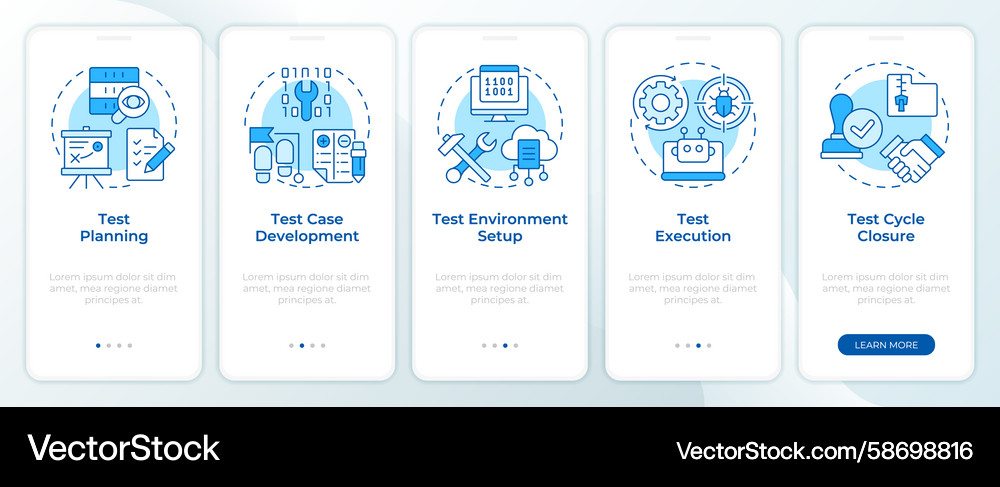 Software testing blue onboarding mobile app screen Software testing blue onboarding mobile app screen Vector Image