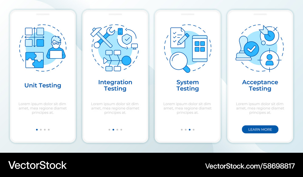 Software testing types blue onboarding mobile app Vector Image