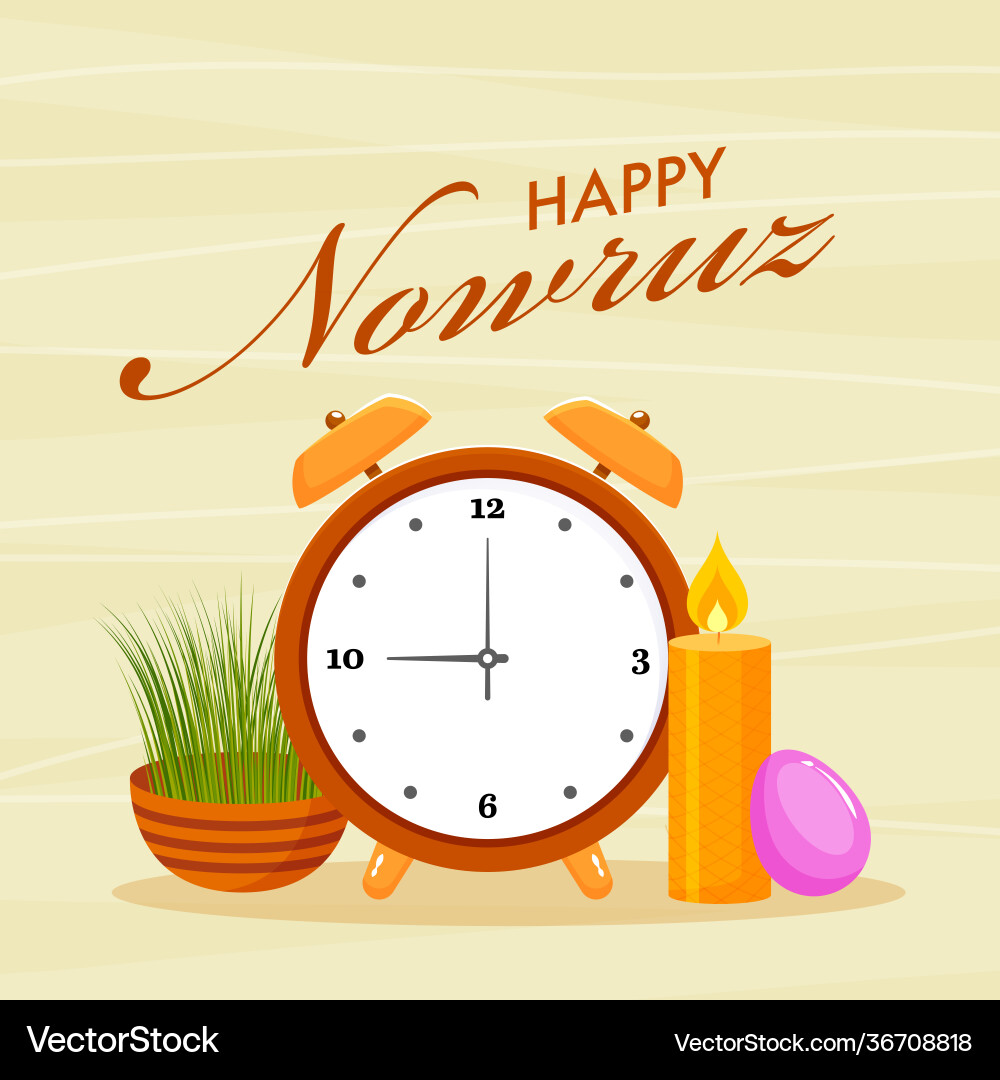 Happy nowruz font with alarm clock egg Happy nowruz font with alarm clock egg vector image