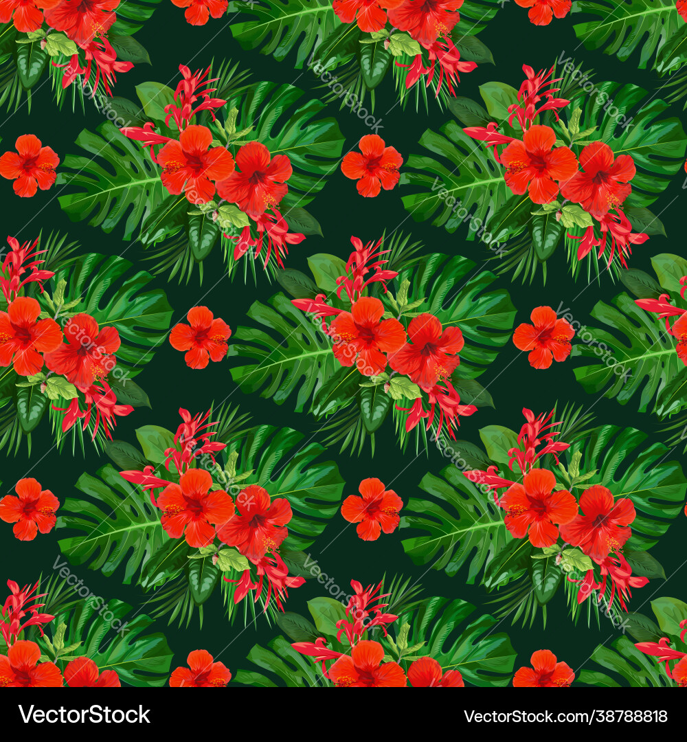 Tropical seamless pattern with red flowers vector image