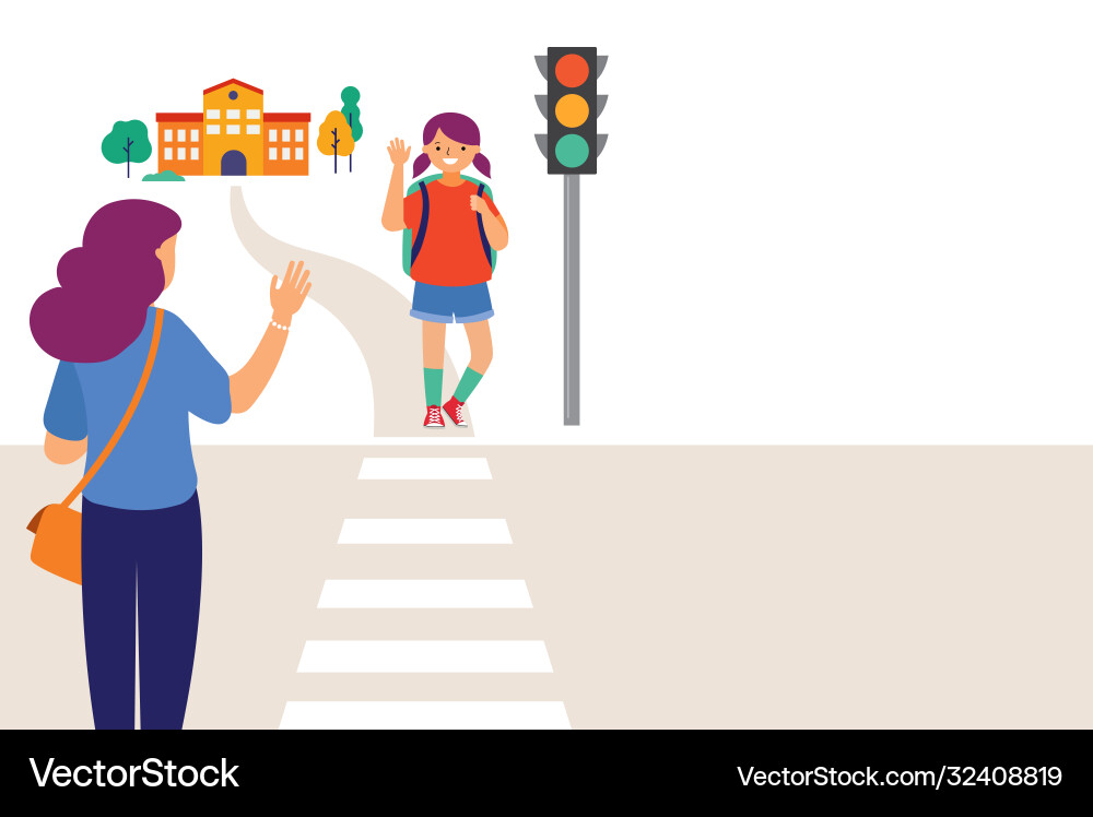 Schoolgirl crossing a road on her way to school Schoolgirl crossing a road on her way to school vector image