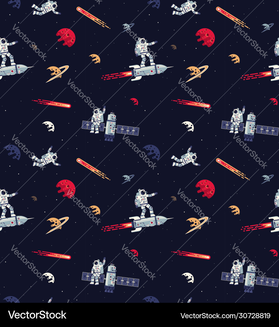 Seamless space pattern with astronauts rockets vector image