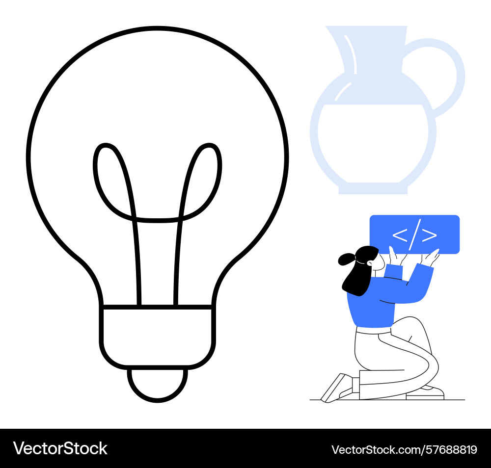 Woman coding with large light bulb and transparent Woman coding with large light bulb and transparent vector image