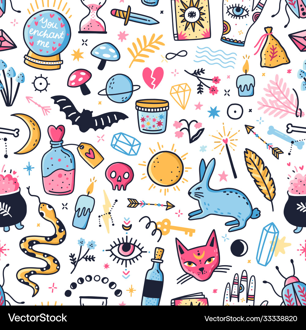 Colorful wizardry and witchcraft elements seamless Colorful wizardry and witchcraft elements seamless vector image