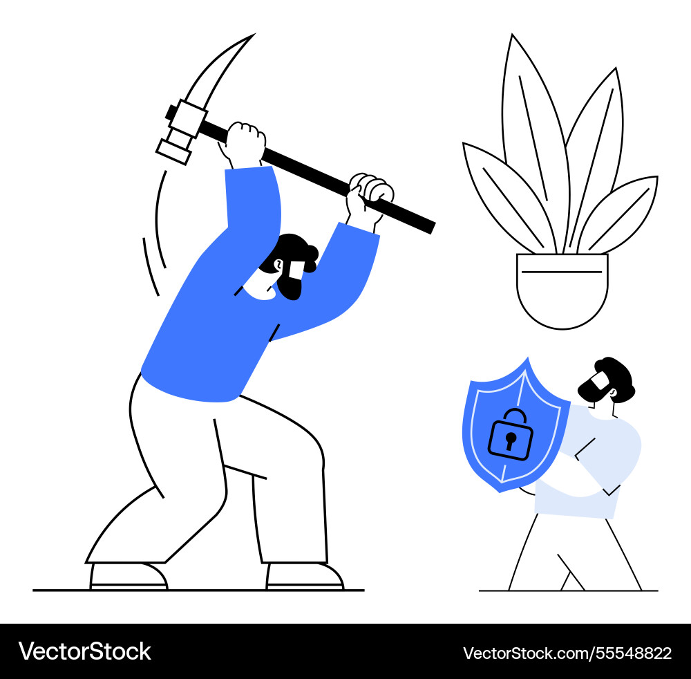 Mann Bergbau mit Pickaxe während andere Schild Mann Bergbau mit Pickaxe während andere Schild Vektorbild