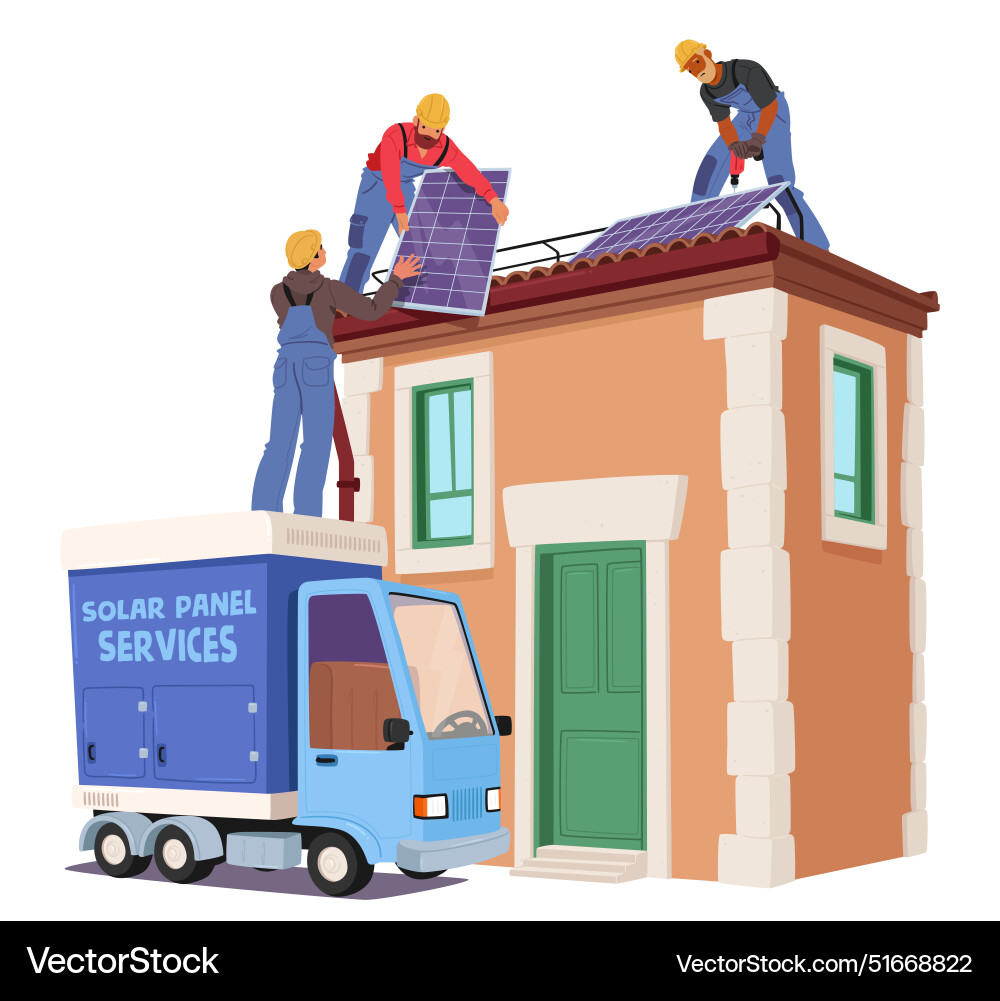 Workers characters installing solar panels Workers characters installing solar panels vector image
