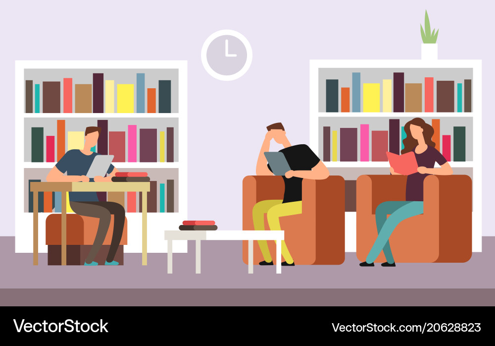 Students reading and searching books in public Students reading and searching books in public vector image