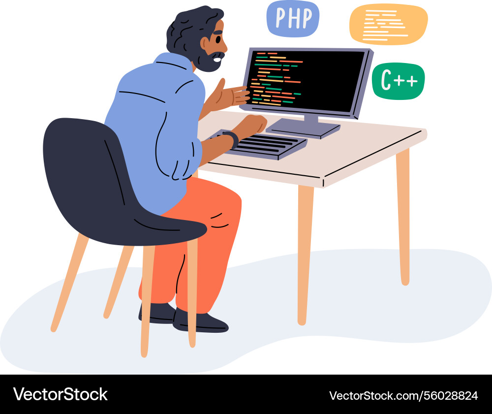 Male Programmer Coding on Computer vector image