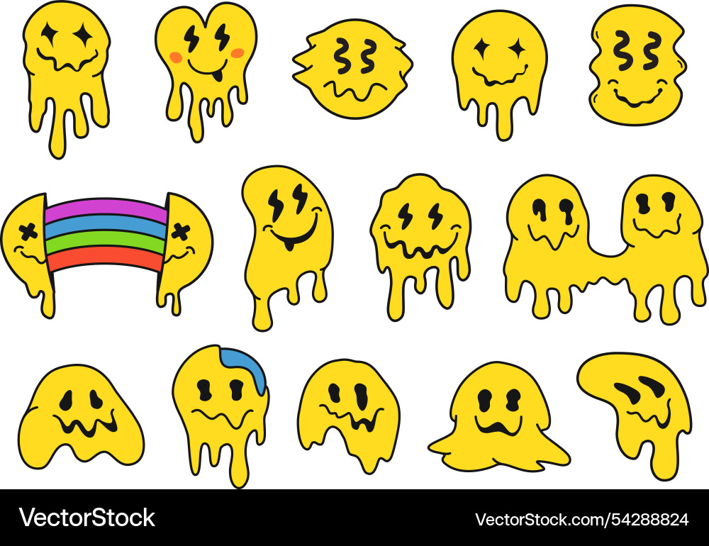 Trippy smile faces drippy melted emoji face Trippy smile faces drippy melted emoji face vector image