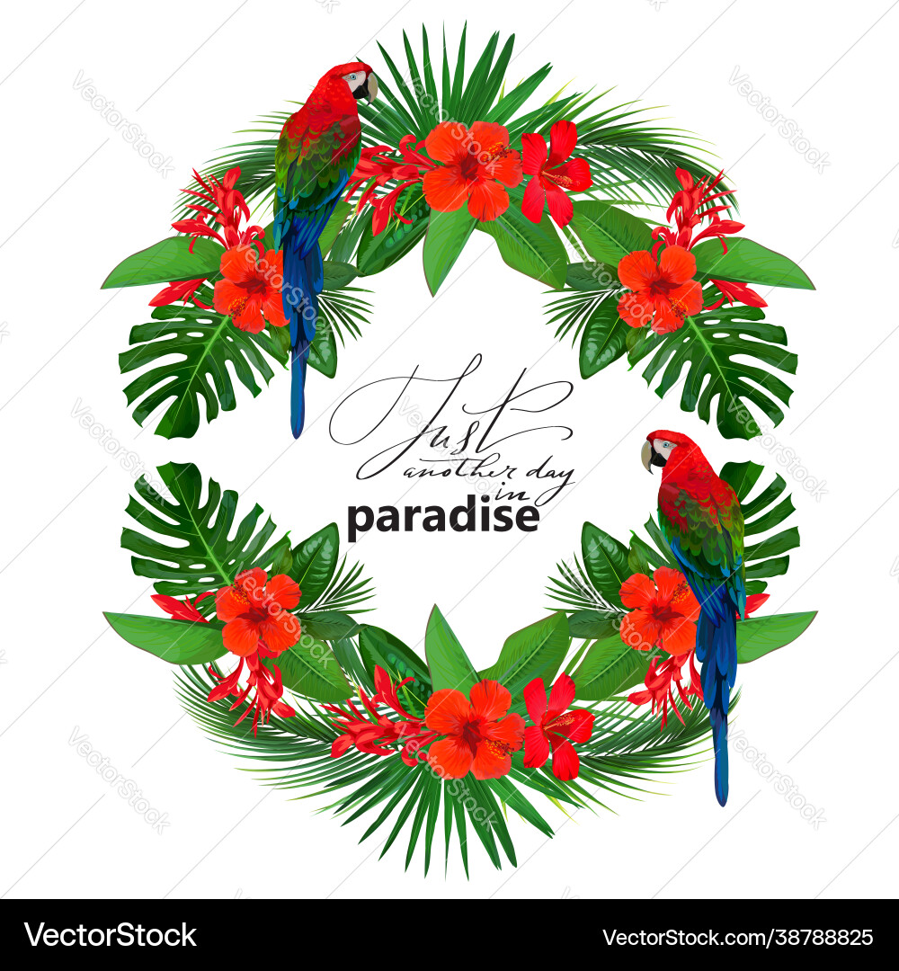 Bright frame with red tropical flowers and palm vector image