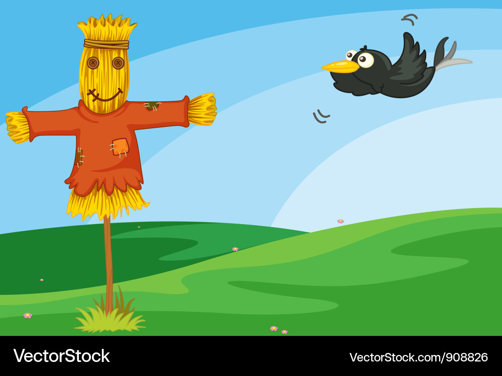Crow und Scarecrow im Feld Vektorbild