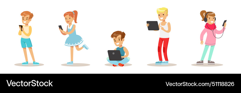 Kid character use mobile gadget and device Kid character use mobile gadget and device Vector Image