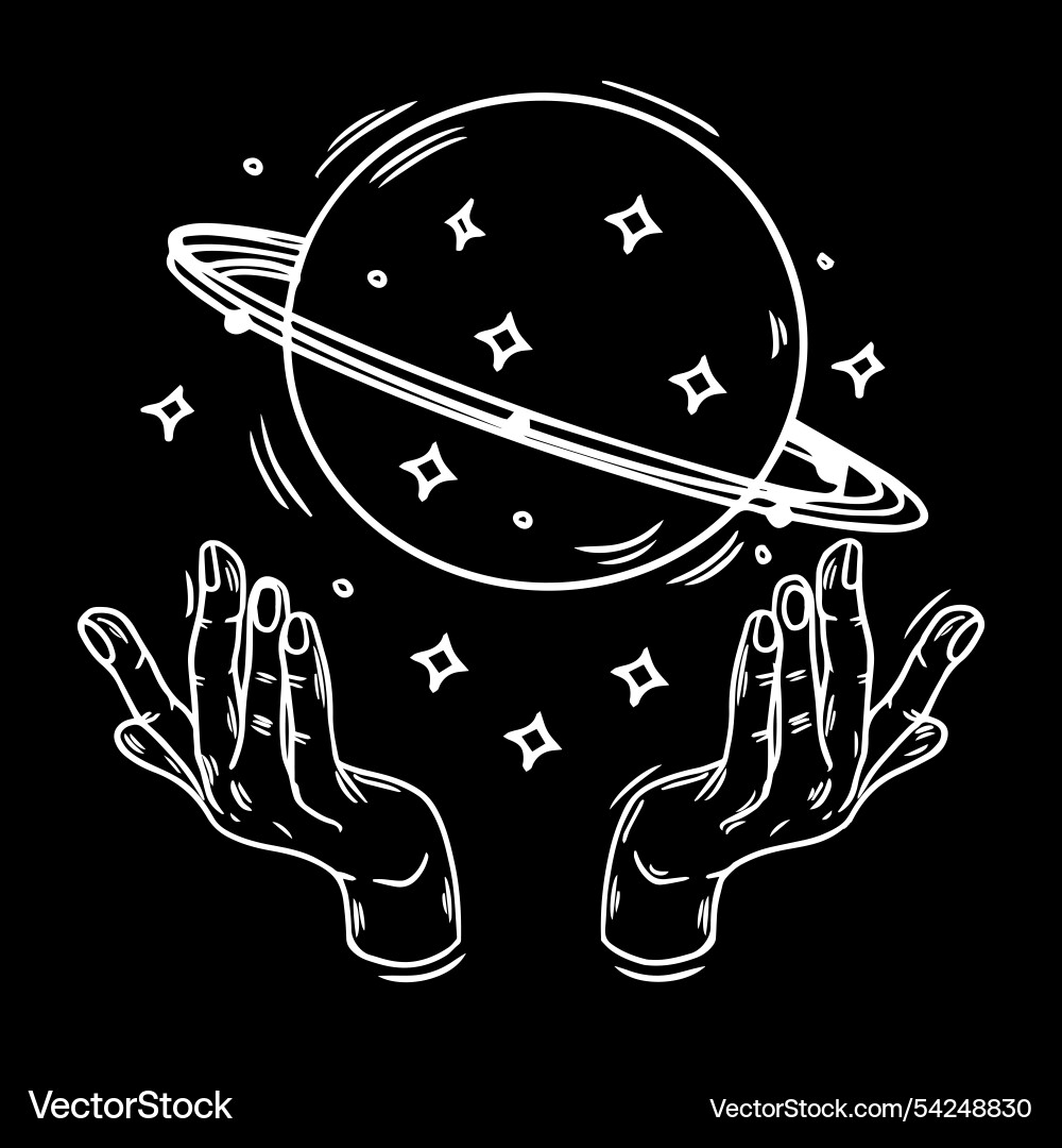 Planet and stars with in hands line art design vector image