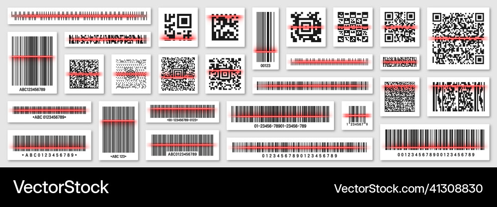 Product barcodes and qr codes with red scanning Product barcodes and qr codes with red scanning vector image