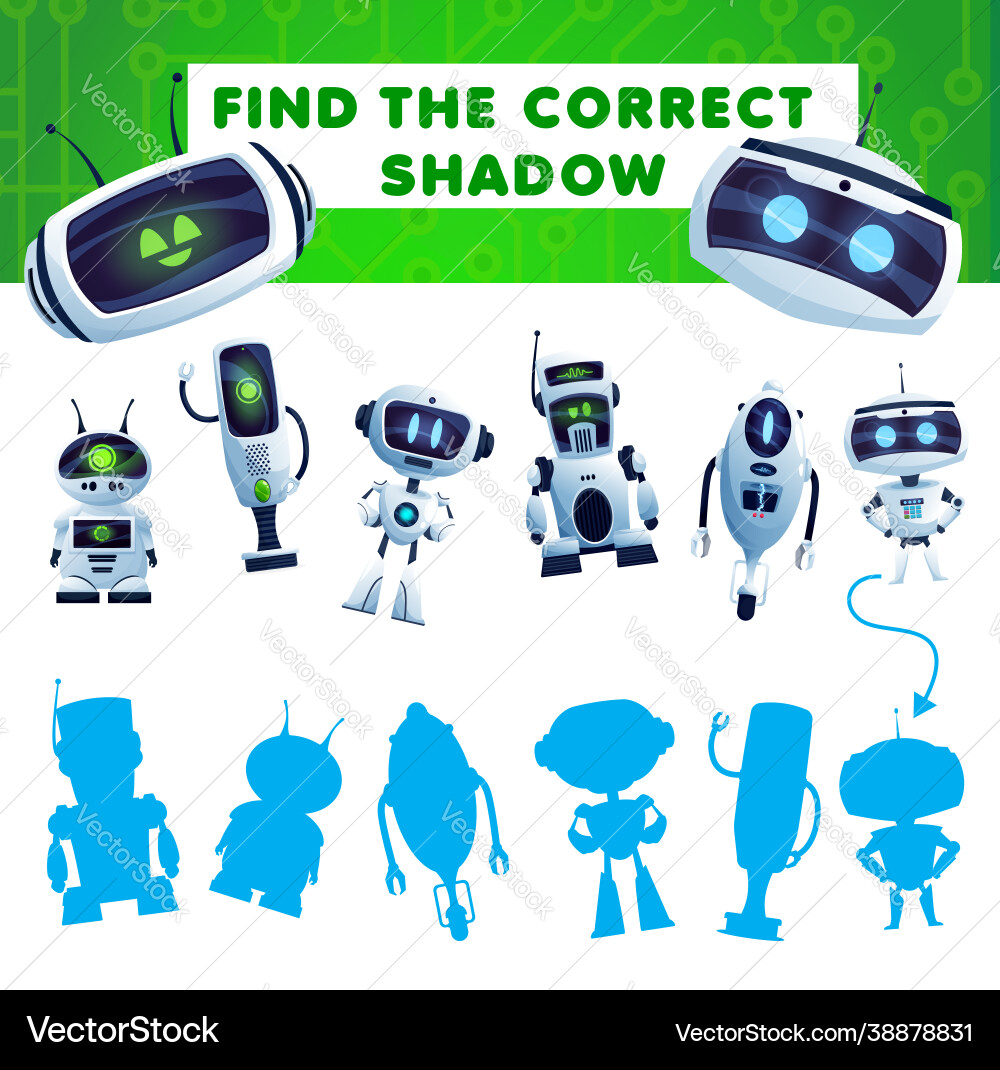 Find a shadow kids game with cartoon robots task Find a shadow kids game with cartoon robots task vector image