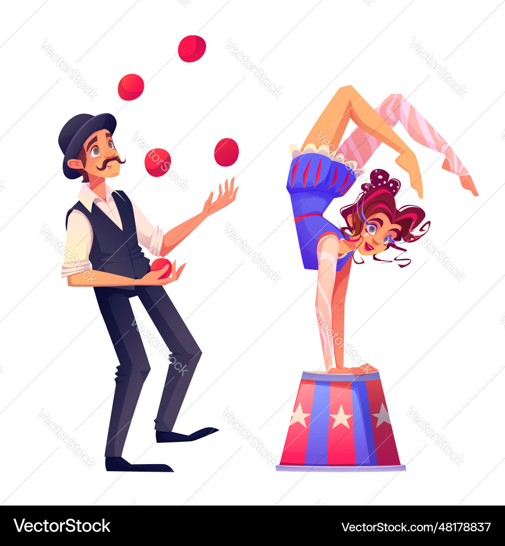 männlicher Juggler und weiblicher Akrobat Männlicher Juggler und weiblicher Akrobat vektorbild