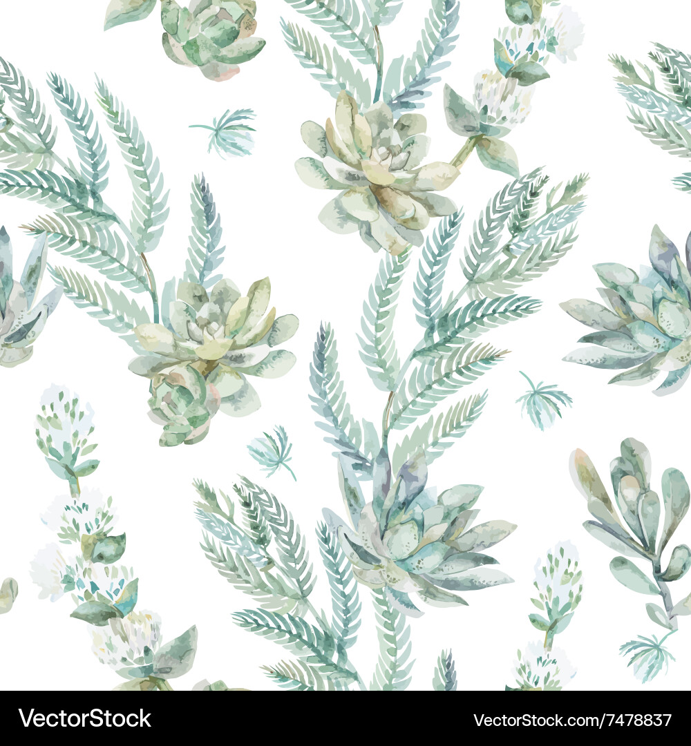 Watercolor Succulent Fern Pattern Vector Image