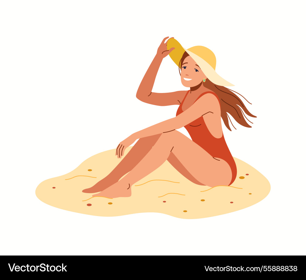 Entspannte Frau in Bademode und Hut am Strand Sand Entspannte Frau in Bademode und Hut am Strand Sand vektorbild