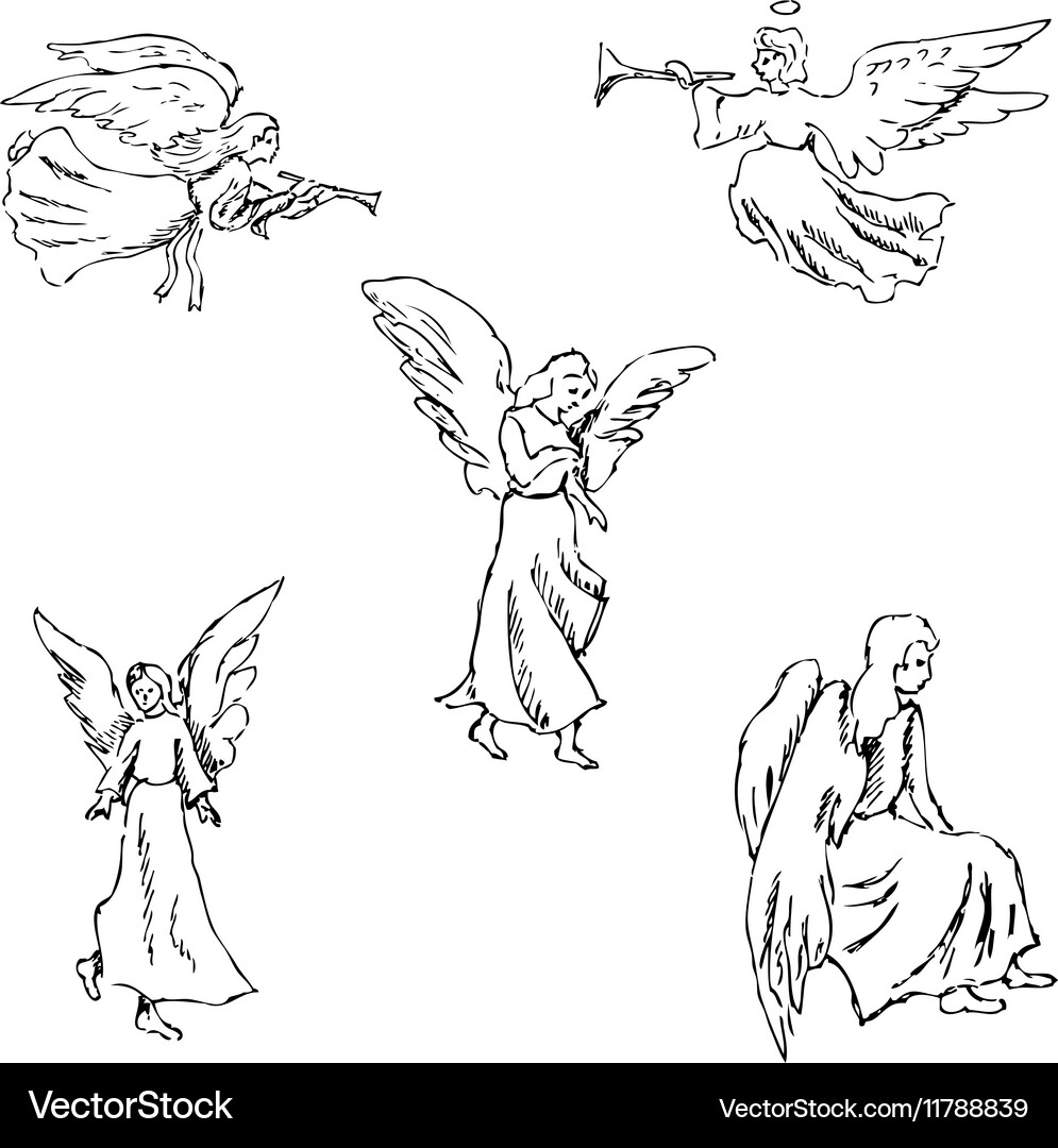 Angels pencil sketch by hand – Royalty-Free Vector | VectorStock, image size:995x1080