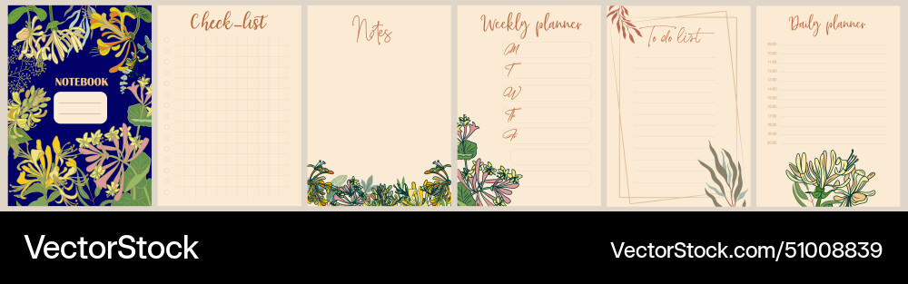 Notebook pages and cover template with honeysuckle Notebook pages and cover template with honeysuckle vector image