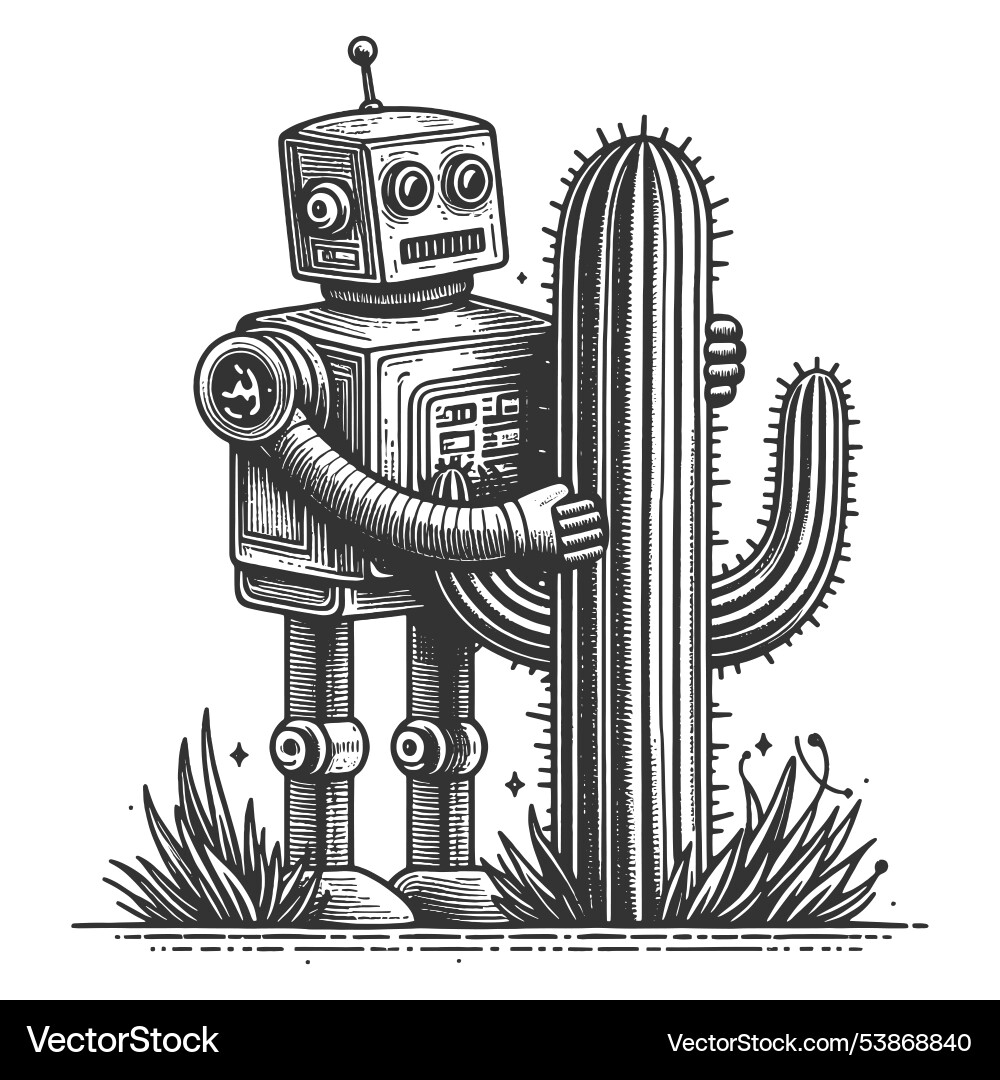 Retro robot hugging a cactus Retro robot hugging a cactus Vector Image