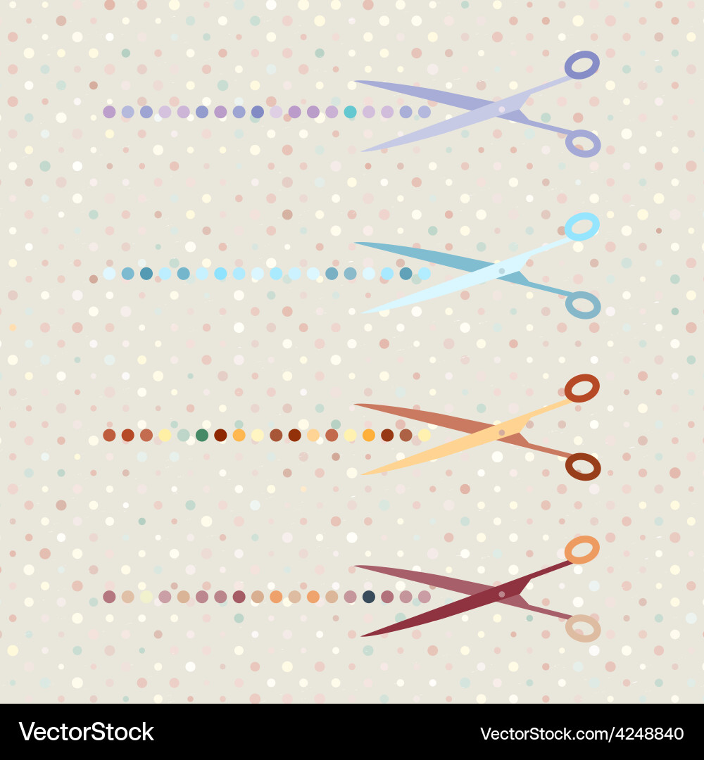 Retro scissors and cut lines set on polka dot vector image