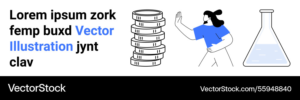 Woman gesturing near stacked coins and laboratory Woman gesturing near stacked coins and laboratory vector image