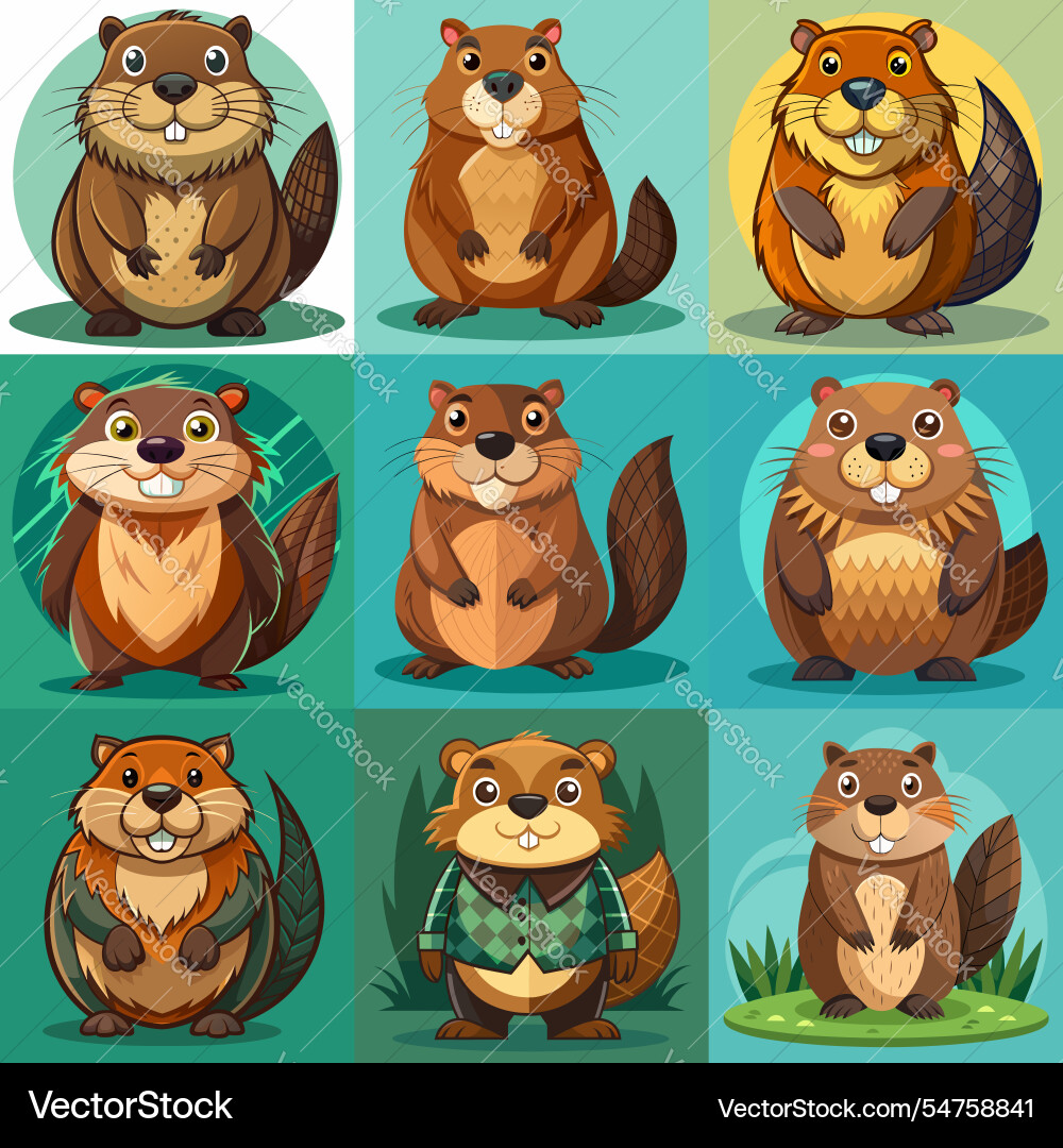 Funny beaver character in different actions big Vector Image