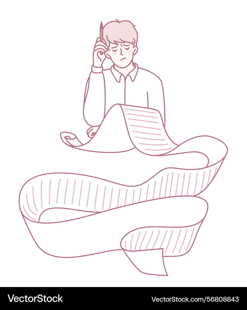 A man deep in thought using long roll of paper A man deep in thought using long roll of paper vector image