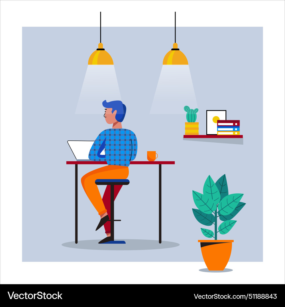Man working in friendly open space workplace Man working in friendly open space workplace Vector Image