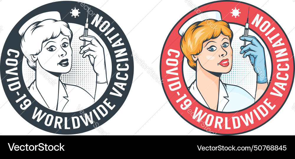 Nurse with syringe retro vaccination logo Vector Image