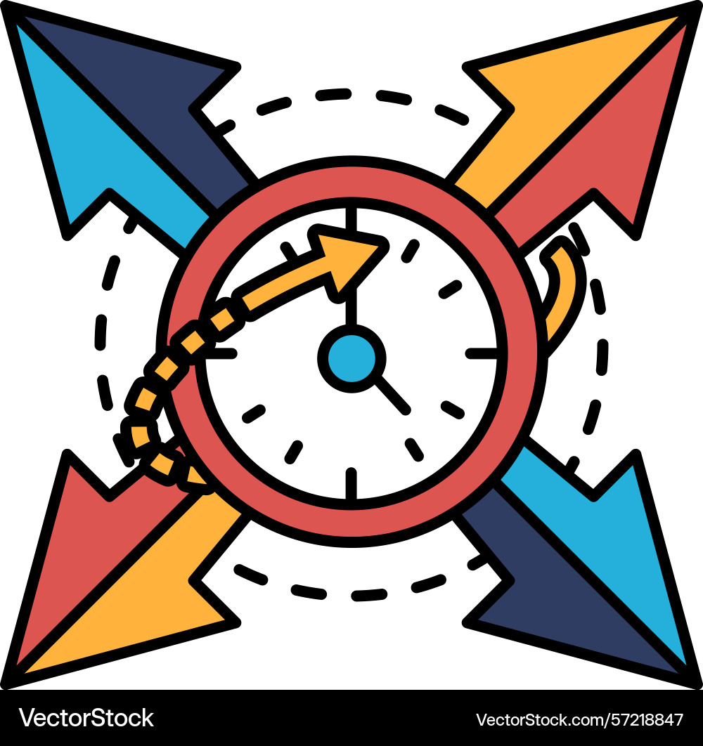 A clock with red face and four arrows pointing A clock with red face and four arrows pointing vector image
