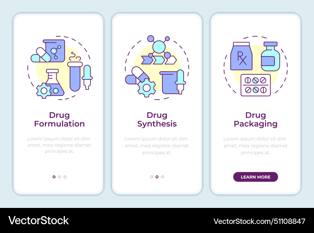 Drug manufacturing onboarding mobile app screen Drug manufacturing onboarding mobile app screen vector image