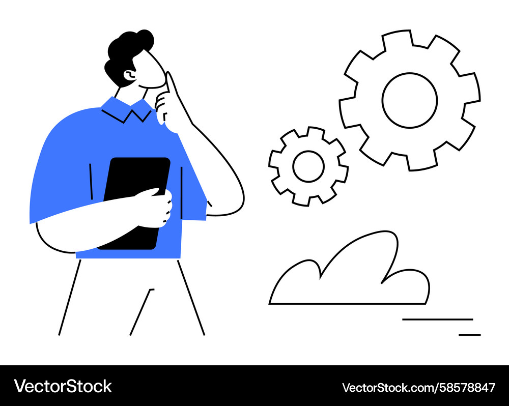 Man contemplating problem-solving with tablet Man contemplating problem-solving with tablet Vector Image