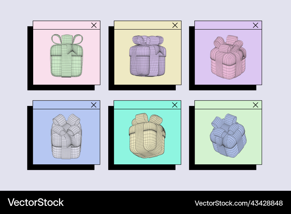 Set of 3d wireframe gift boxes on retro windows Vector Image