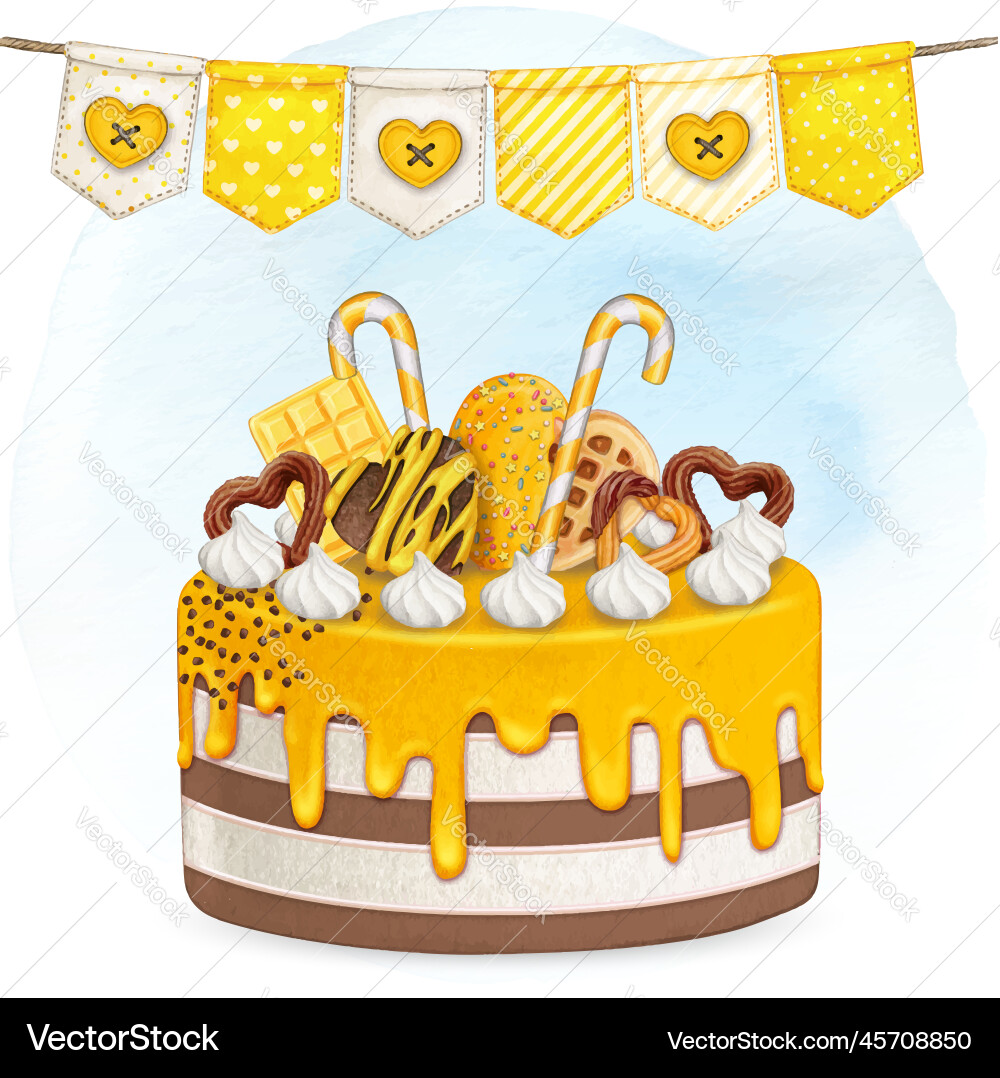 Watercolor colorful birthday party cake Watercolor colorful birthday party cake vector image