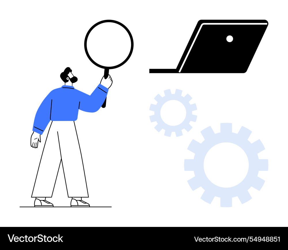 Man with magnifying glass analyzing gears Man with magnifying glass analyzing gears Vector Image