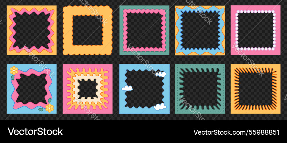 Set of border square frames with groovy elements Set of border square frames with groovy elements vector image