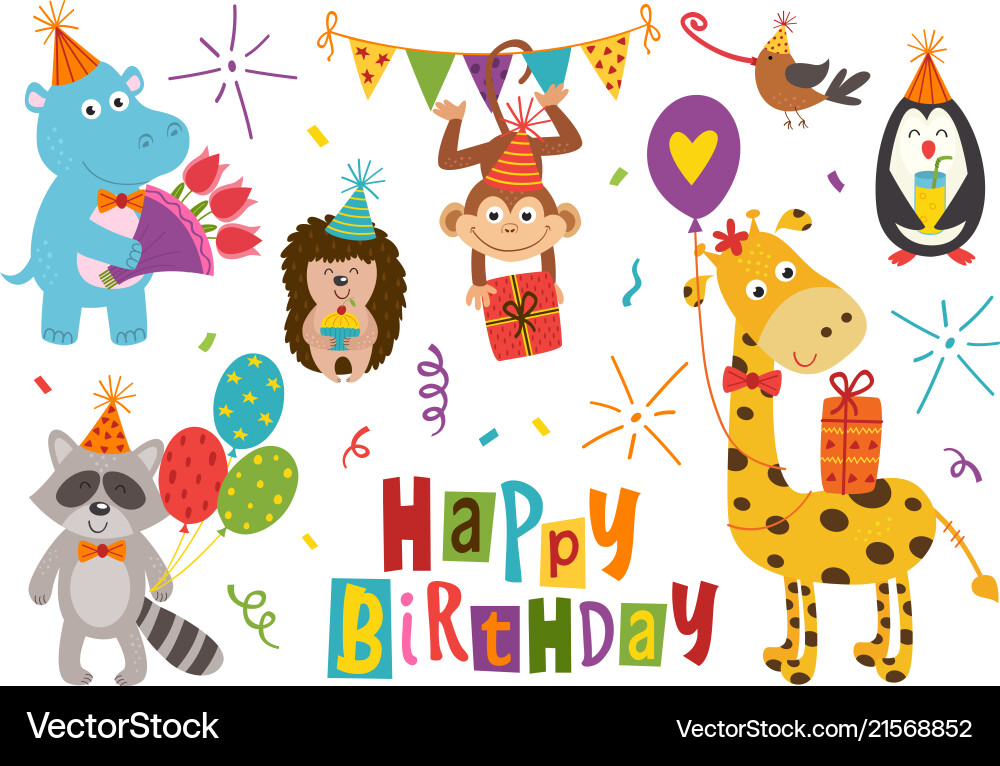 Cute Birthday Animals Set Vector Image