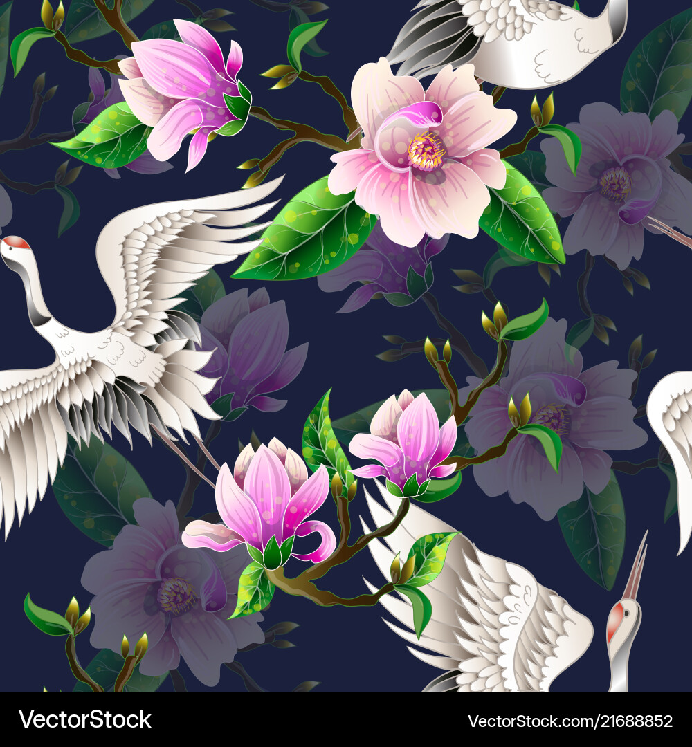 Magnolia Crane Seamless Pattern Vector Image