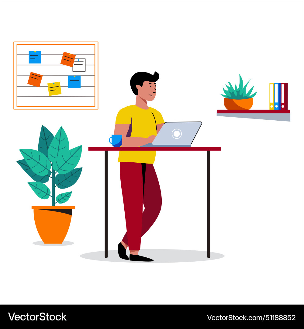 Man stand and working in friendly open space Man stand and working in friendly open space Vector Image