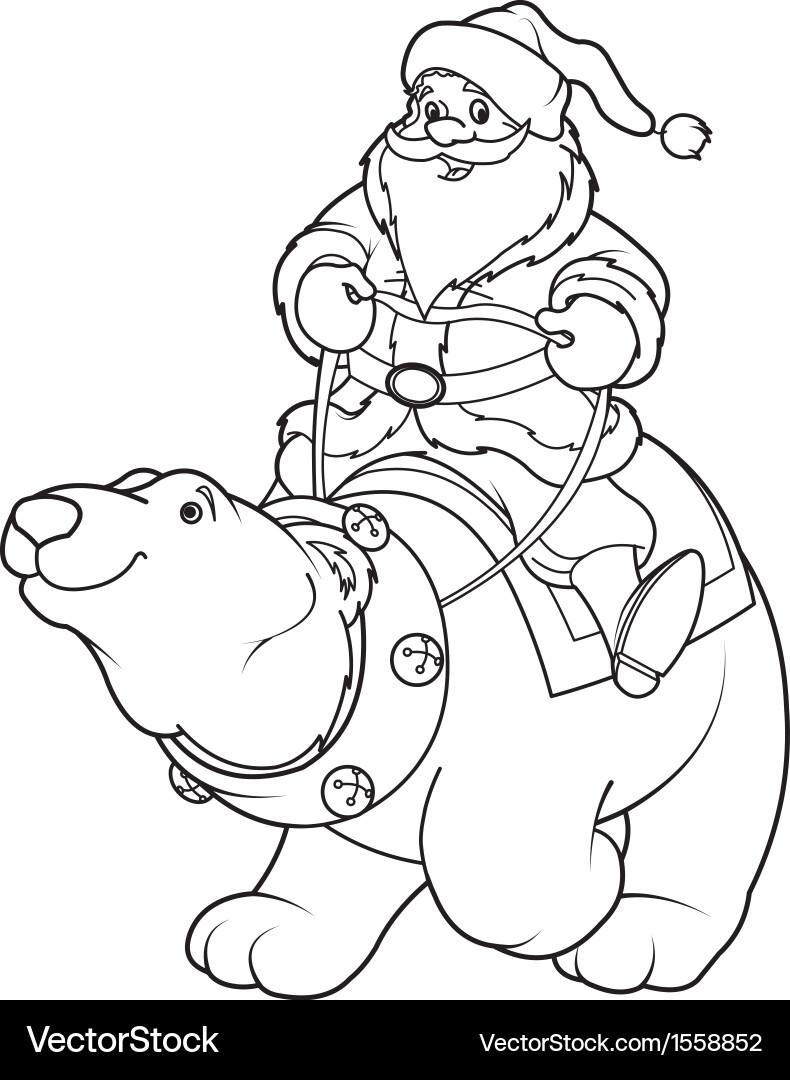 Santa Riding Polar Bear - Coloring Page Vector Image