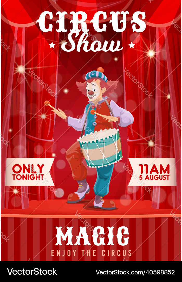 Shapito circus poster with cartoon drummer clown Shapito circus poster with cartoon drummer clown vector image